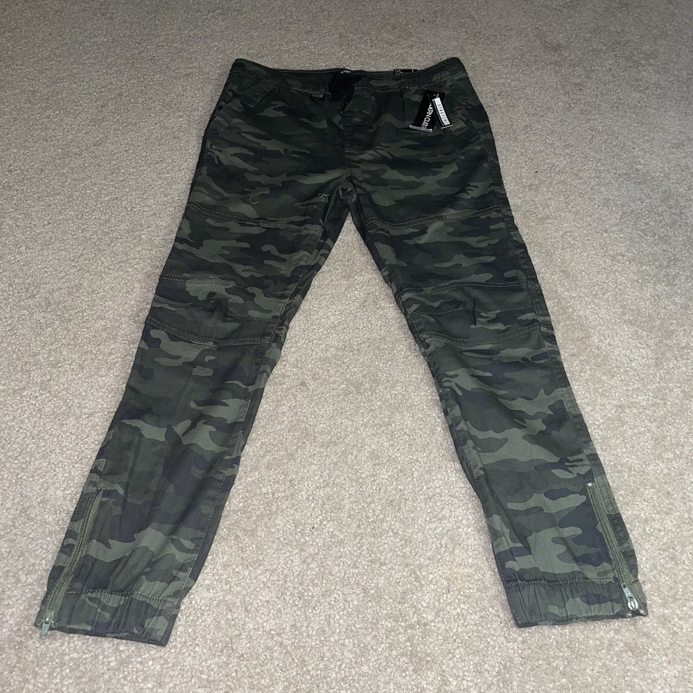 Modern Culture Mens Camo Jogger Pants Green Camouflage Moto Zip Ankle Size Med